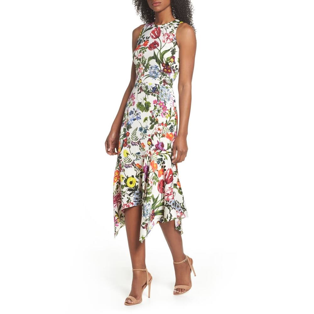 Maggy London Midi Dress Botanical Floral Asymmetrical Boho Preppy White Size 14